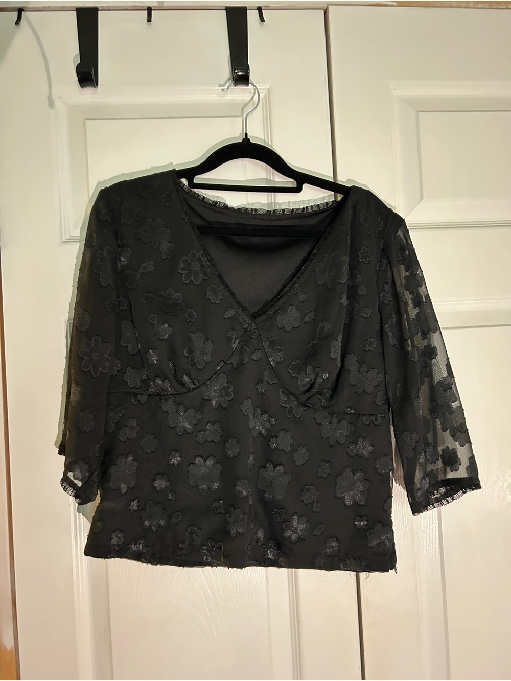 Black Floral Sheer V-Neck Womenโs Blouse